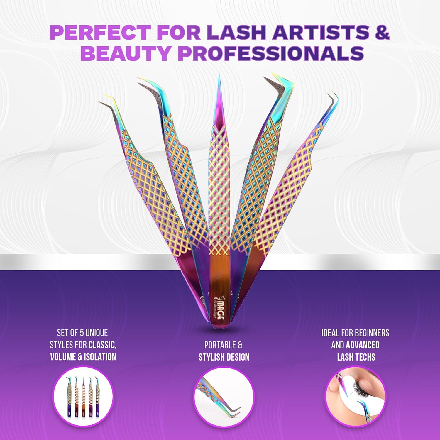 5 Pcs Fiber-Tip Japanese Steel Lash Tweezer Set with Leather Case, Professional Eyelash Tweezers for Lash Extensions – Titanium Coated, 90 & 45 Angled, Precision Pointed Tweezers (Rainbow Color)-Velvo Beauty