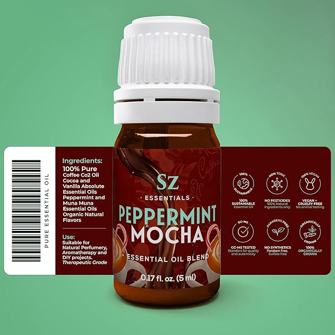 Peppermint Mocha Premium Essential Oil for Diffuser 100% Pure Essential Undiluted Oil - Extracted from Peppermint, Coffee, Cocoa with Vanilla Overtones - Plant Based - 0.17 Fl Oz (5ml)-Velvo Beauty