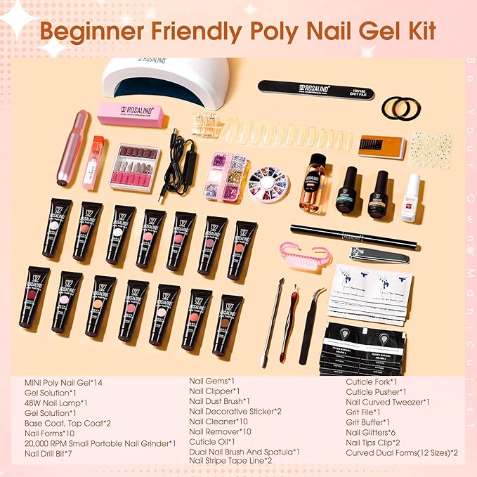ROSALIND Poly Nail Gel Kit -14 Colors + 75 Nail Art Accessories Kit Nude Pink Series Poly Gel with Big Uv Light 48W and Electric Nail Drill Poly Nail Gel Starter Kit with Everything Gift-Velvo Beauty