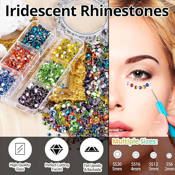 Colorful Face Gems for Makeup Set, Flatback Gorgeous AB Glass Gems+Mixed-Colored Crystals with Picker Pencil, Makeup Glue, Dual-End Dotting Tool, Tweezer for Eye Body Hair Make-up and Nail Art Deco-Velvo Beauty