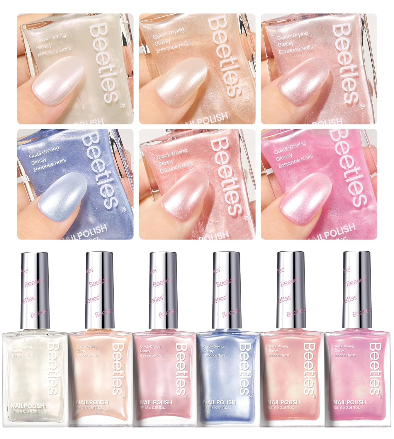 Beetles Pearl Nail Polish Set 6 Colors 15 ML Quick-drying Shimmer Glitter Pearl White Pink Blue Mermaid Nail Polish Kit, Spring Pastel Iridescent DIY Manicure Gift for Women-Velvo Beauty