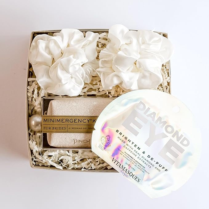 Bride Gift Box - Bride to Be Gift Set for Bridal Shower, Engagement Party, Bachelorette Party, Wedding Shower - White Silk Sateen Hair Scrunchies, Diamond Eye Mask, Bride Emergancy Kit-Velvo Beauty