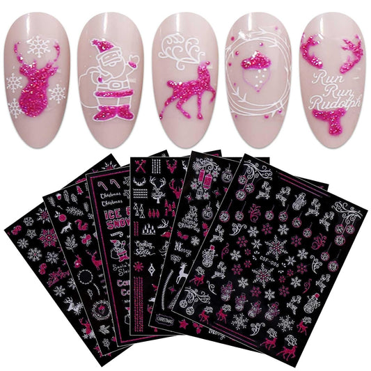 JMEOWIO 9 Sheets Christmas Pink Glitter Nail Art Stickers Decals Self-Adhesive Snowflake Winter Holiday Nail Supplies Nail Art Design Decoration Accessories-Velvo Beauty