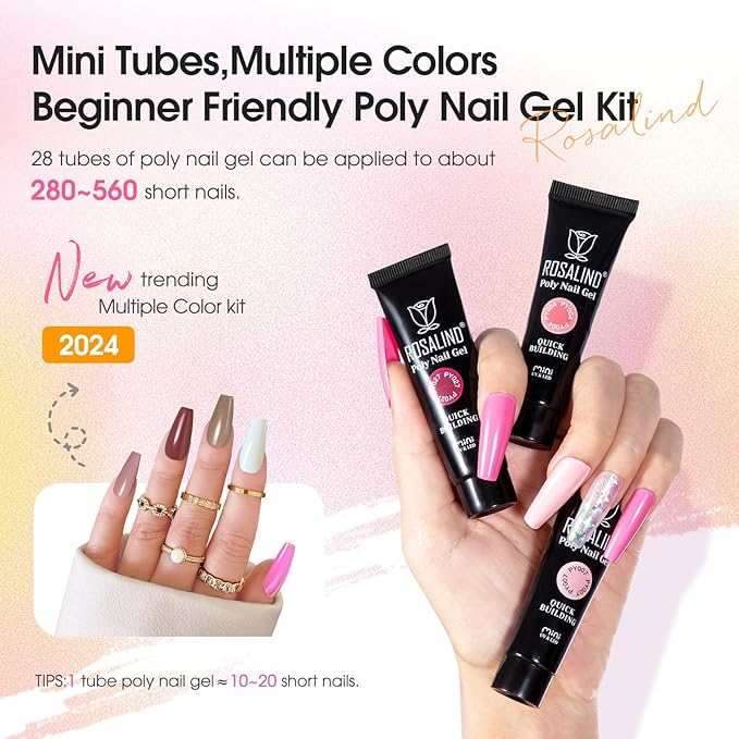 ROSALIND Poly Nail Gel Kit for Beginners - 28 Colors Extension Gel Set with UV/LED Nail Lamp, 72 Accessories (Base/Top Coat, Nail Forms, Tools), Long Lasting Salon Kit for DIY Manicure-Velvo Beauty