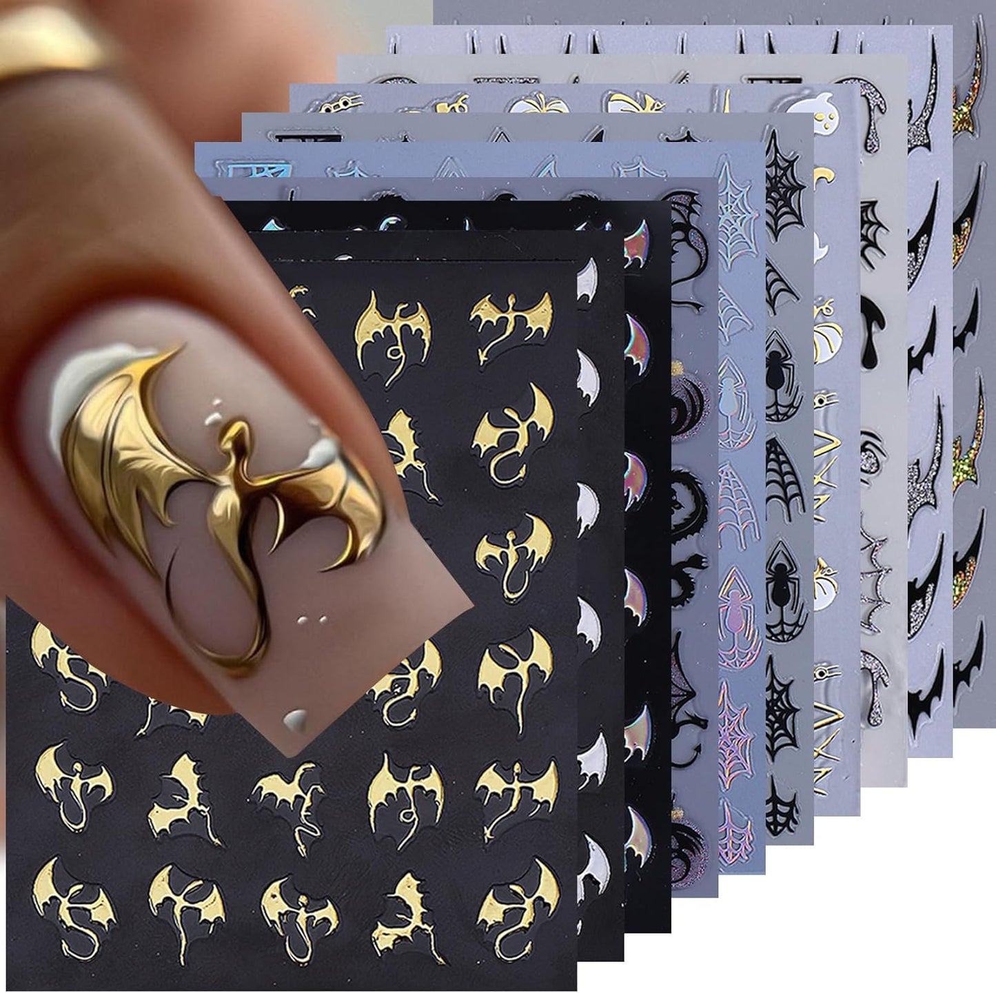 Halloween Nail Stickers Dragon Decals 12 Sheets Spooky Bat Ghost Stickers for Nails Art Metallic Glitter Spider Web Pumkin Blood Key Nail Designs Fall Holiday Supplies Manicure Decoration for Women-Velvo Beauty