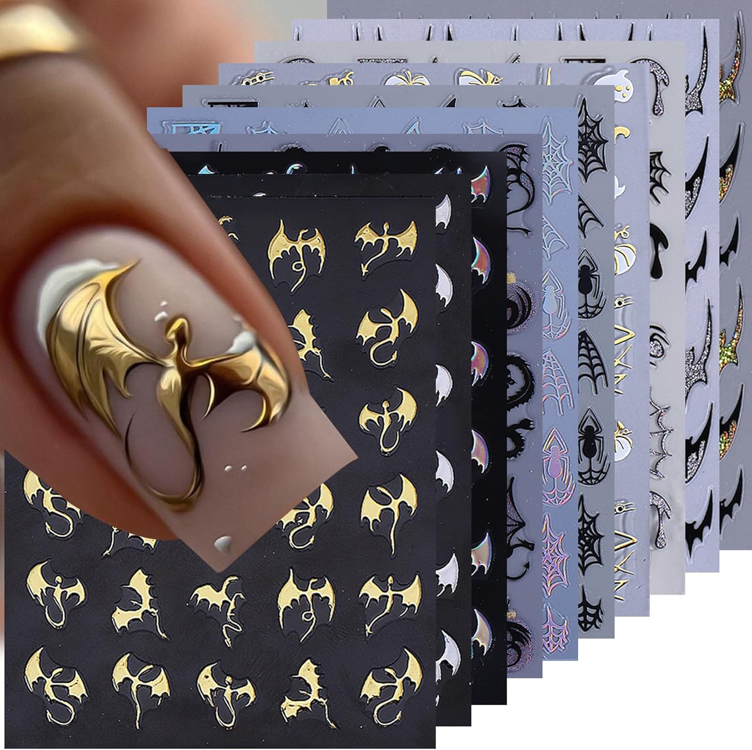 Halloween Nail Stickers Dragon Decals 12 Sheets Spooky Bat Ghost Stickers for Nails Art Metallic Glitter Spider Web Pumkin Blood Key Nail Designs Fall Holiday Supplies Manicure Decoration for Women-Velvo Beauty