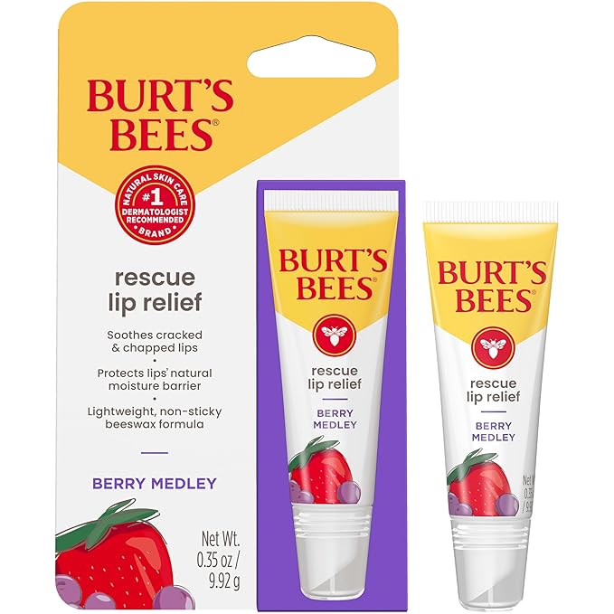 Burt's Bees Rescue Lip Relief, Berry Medley, Hydrating Lip Balm for Dry Cracked Lips, with Responsbily Sourced Beeswax and Shea Butter, 100% Natural Origin, 1 Squeezy Tube, 0.35oz-Velvo Beauty