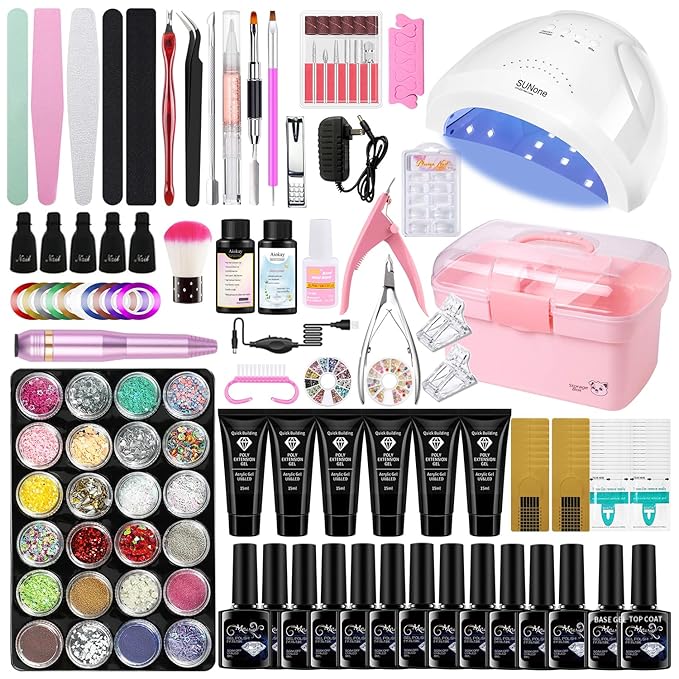 Gel Nail Polish Kit for Women with 6 Colors Extension Poly Nail Gel set, 48W UV Lamp, 12pcs nail polish set with Base Coat and Top coat,Professional Manicure Tool for Home DIY Salon-Velvo Beauty