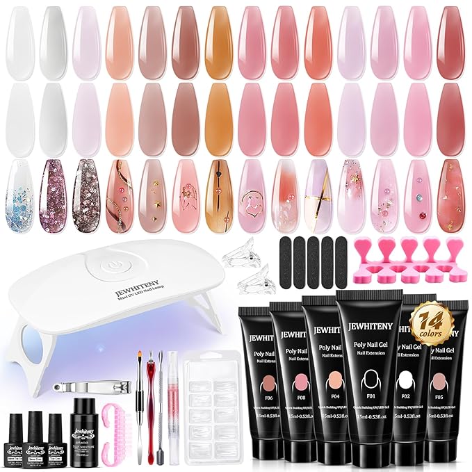 JEWHITENY 14 PCS Poly Nail Gel Kit Poly Extension Gel Kit Starter Kit With Slip Solution Professional Extension Set With LED Lamp Nail Art Design Beginner All In One-Velvo Beauty
