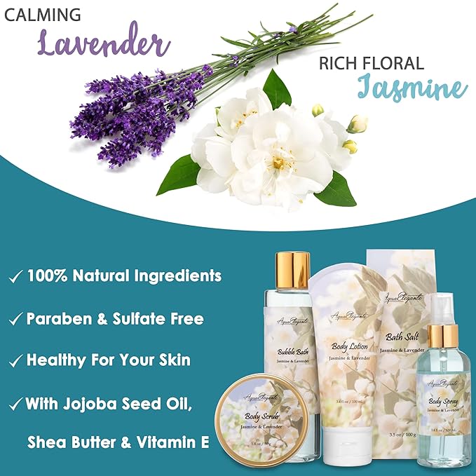Spa Gift Baskets For Women - Luxury Bath Set With Jasmine & Lavender - Spa Kit Includes Body Wash, Bubble Bath, Lotion, Bath Salts, Body Scrub, Body Spray, Shower Puff, and Towel-Velvo Beauty