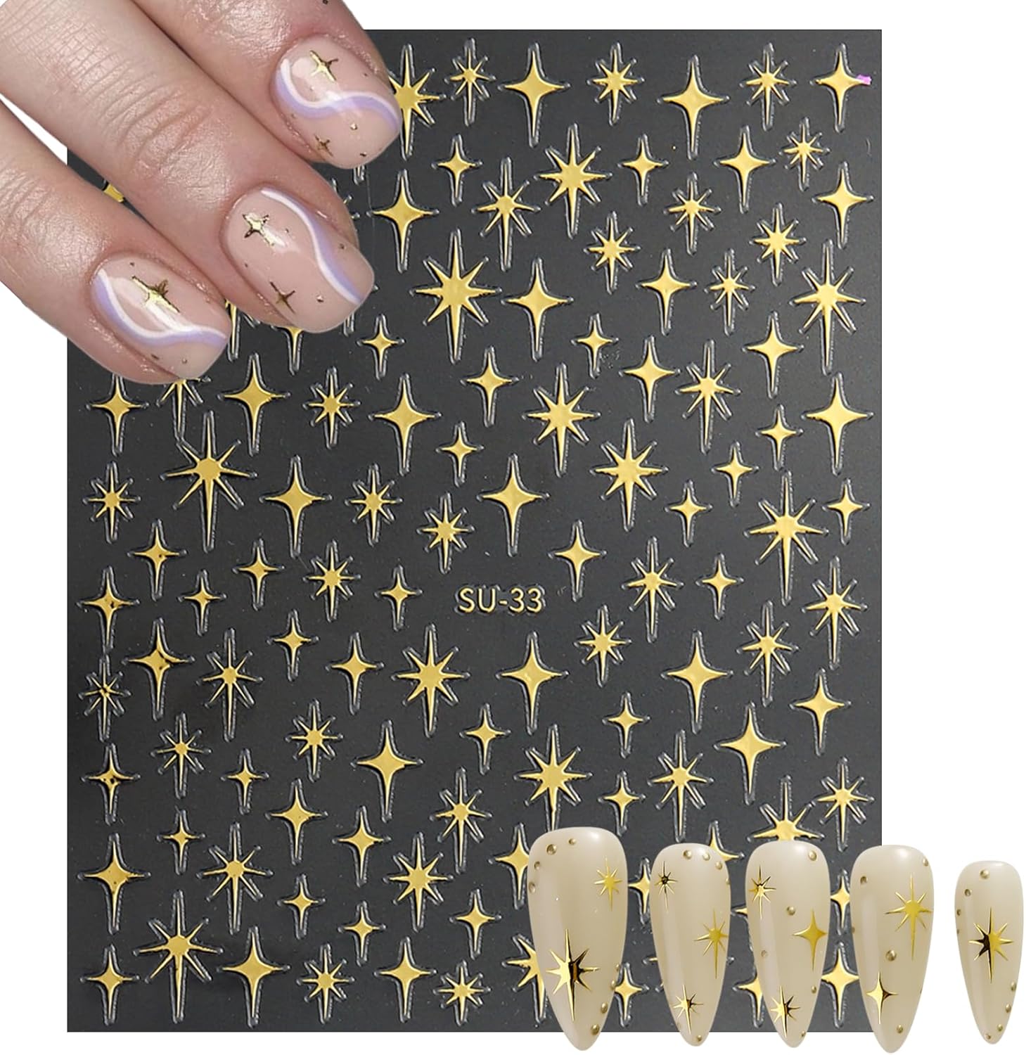 8 Sheet Bronzing Star Nail Stickers 3D Shiny Star Nail Decals Starlight Designs Sticker Nail Gold and Silver Purple Manicure Accessories for Women Nail Decorations-Velvo Beauty