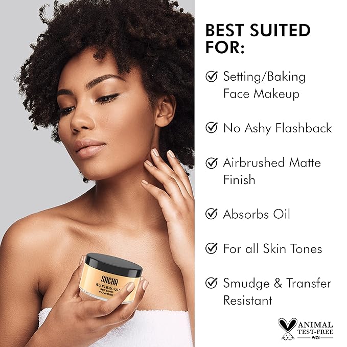 Sacha BUTTERCUP Setting Powder Makeup 1.75 Oz. Translucent Setting Powder for Oily Skin Finishing Powder Loose Powder Makeup Blurring Powder Blurs Fine Lines and Pores For Medium to Dark Skin Tones-Velvo Beauty