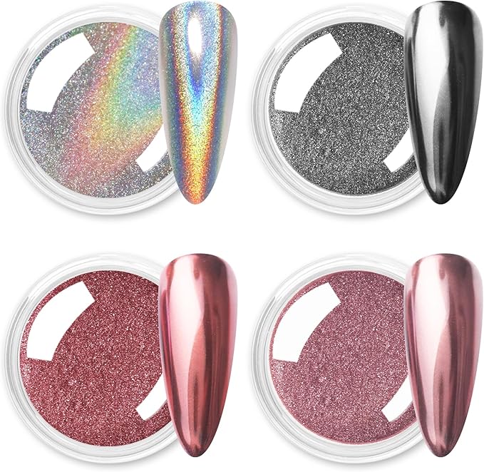 Allstarry Chrome Nail Powder, Metallic Mirror Effect Pigment Chrome Holographic Nail Glitter Magic Unicorn Glitter Dust Kit for Manicure Valentines Nail Art Decoration- Pink Silver Grey Series-Velvo Beauty