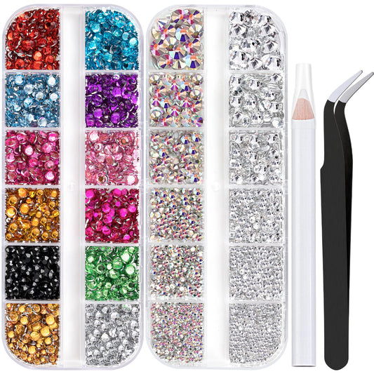 Two Packs of Flatback Rhinestones 4520 Pcs Crystal, Colorful Rhinestones for Nails, Multicolored+ AB+Transparent White Gems with Picker Tools for Bedazzling Nail Crafting Face Makeup-Velvo Beauty
