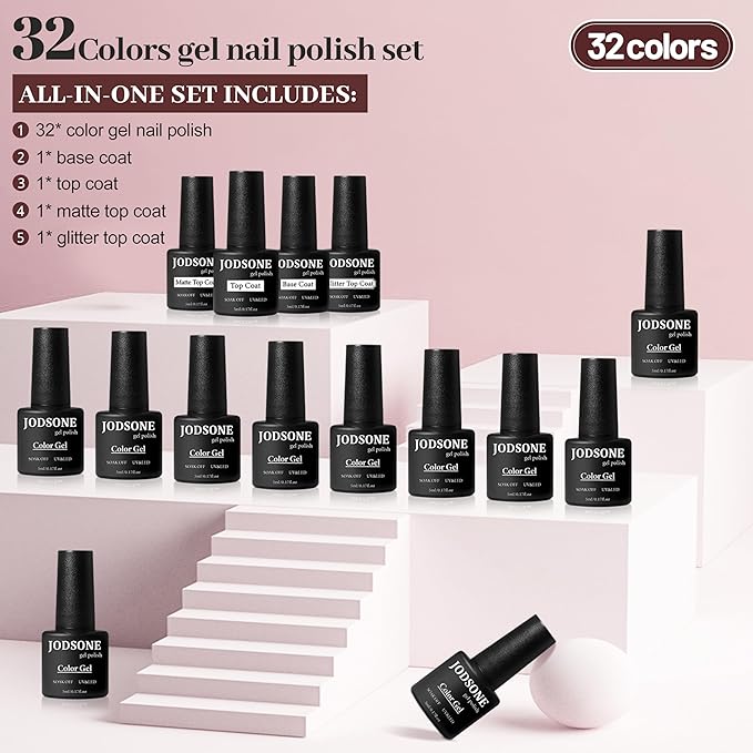 JODSONE 36 PCS Gel Nail Polish Set-32 Colors Gel Polish Kit Base Coat Glossy Matte and Glitter Top Coat Nail Polish Set Green Blue Red Pink Collection Gifts for Women-Velvo Beauty