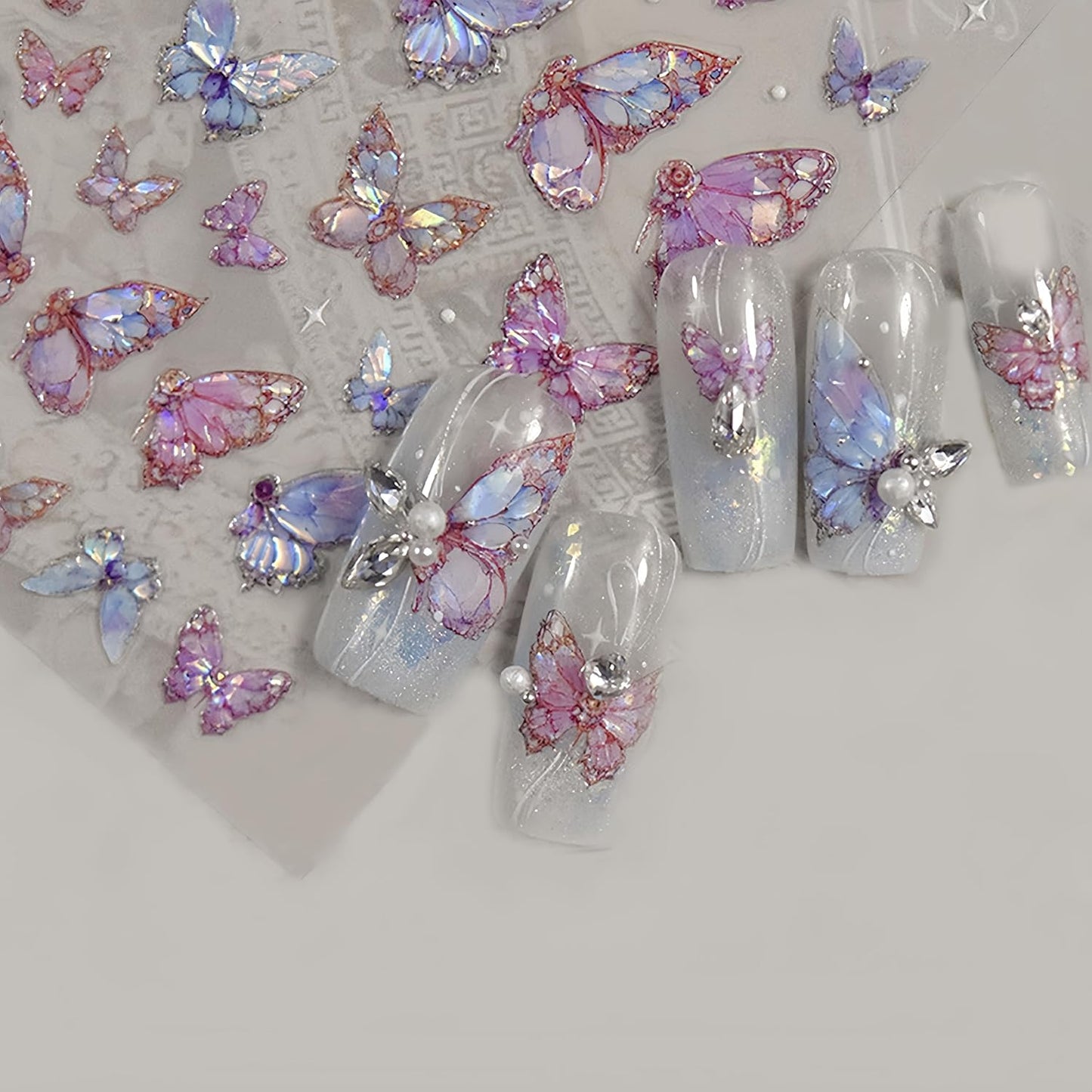 2 Sheets Butterfly Nail Art Stickers 5D Embossed Self-Adhesive Pink Aurora Sparkling Butterfly Nail Decals Designs for Women Girls DIY Nail Decoration-Velvo Beauty
