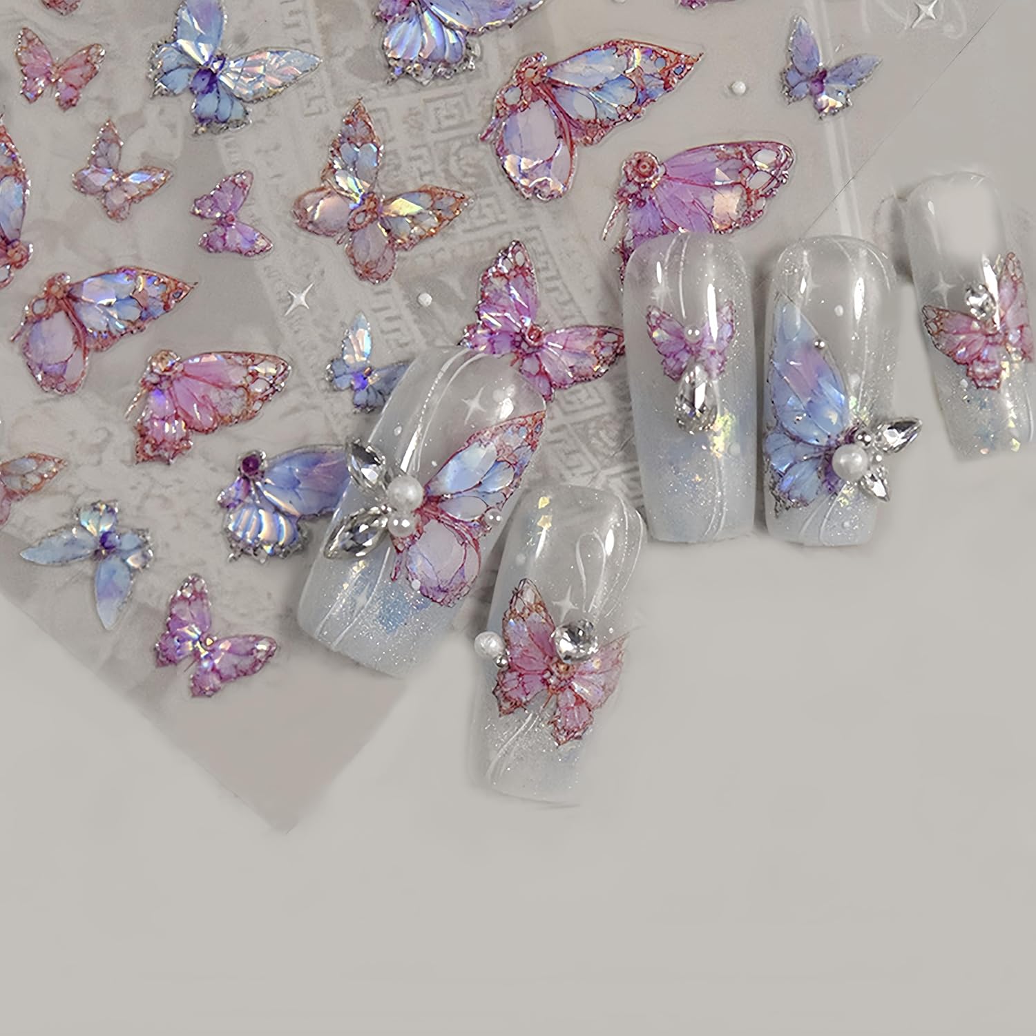 2 Sheets Butterfly Nail Art Stickers 5D Embossed Self-Adhesive Pink Aurora Sparkling Butterfly Nail Decals Designs for Women Girls DIY Nail Decoration-Velvo Beauty