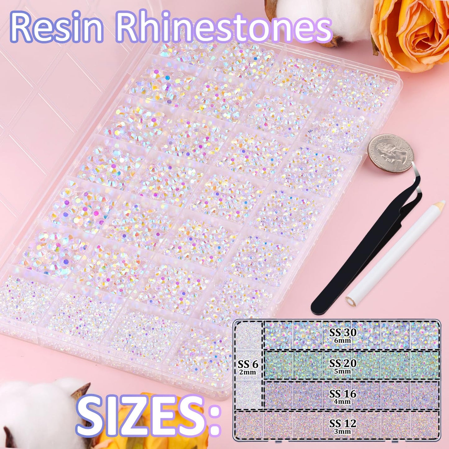 30000Pcs Resin Rhinestones for Bedazzling with Tweezers, Transparent AB Rhinestones for Crafting with B7000 Jewelry Glue for DIY Crafts Clothing Tumblers Shoes Fabric Nail Art-Velvo Beauty
