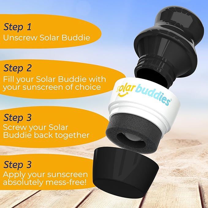 Solar Buddies Sunscreen Applicator - Single Black - Refillable Roll on Sponge Sunscreen, Suncream & Lotion Applicator For Kids, Adults & Families - Holds 3.4fl oz, Perfect Size for Travel-Velvo Beauty