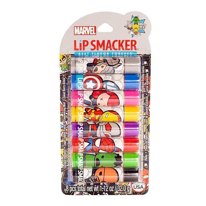 Lip Smacker Marvel Avenger Flavored Lip Balm Party Pack 8 Count, Super Hero, Spirderman, Iron Man, Captain America, Clear, For Kids-Velvo Beauty
