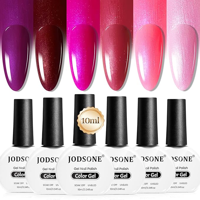 JODSONE 10ml Gel Nail Polish Set Red Glitter 6Colors Glitter Rose Red Gel Polish Lacquer Glossy Art for Nail and Salon Need U V Lamp-Velvo Beauty