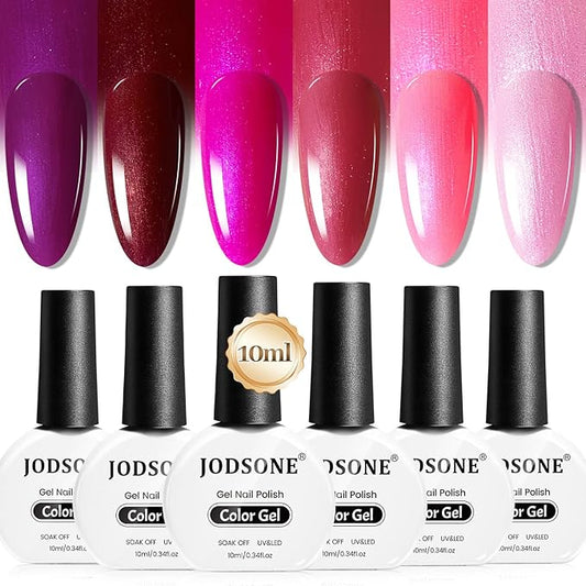 JODSONE 10ml Gel Nail Polish Set Red Glitter 6Colors Glitter Rose Red Gel Polish Lacquer Glossy Art for Nail and Salon Need U V Lamp-Velvo Beauty