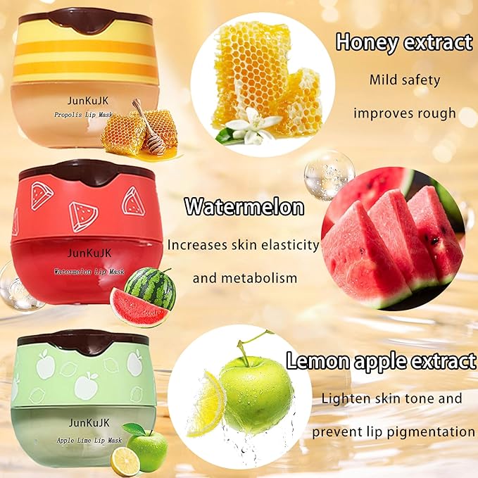3 Pcs Bee Lip Balm Honey Pot with Stick,Moisturizing Lip Mask Overnight,Day and Night Tinted Sleeping Lip Balm,Hydrating Lip Scrubs Exfoliator & Moisturizer-Velvo Beauty