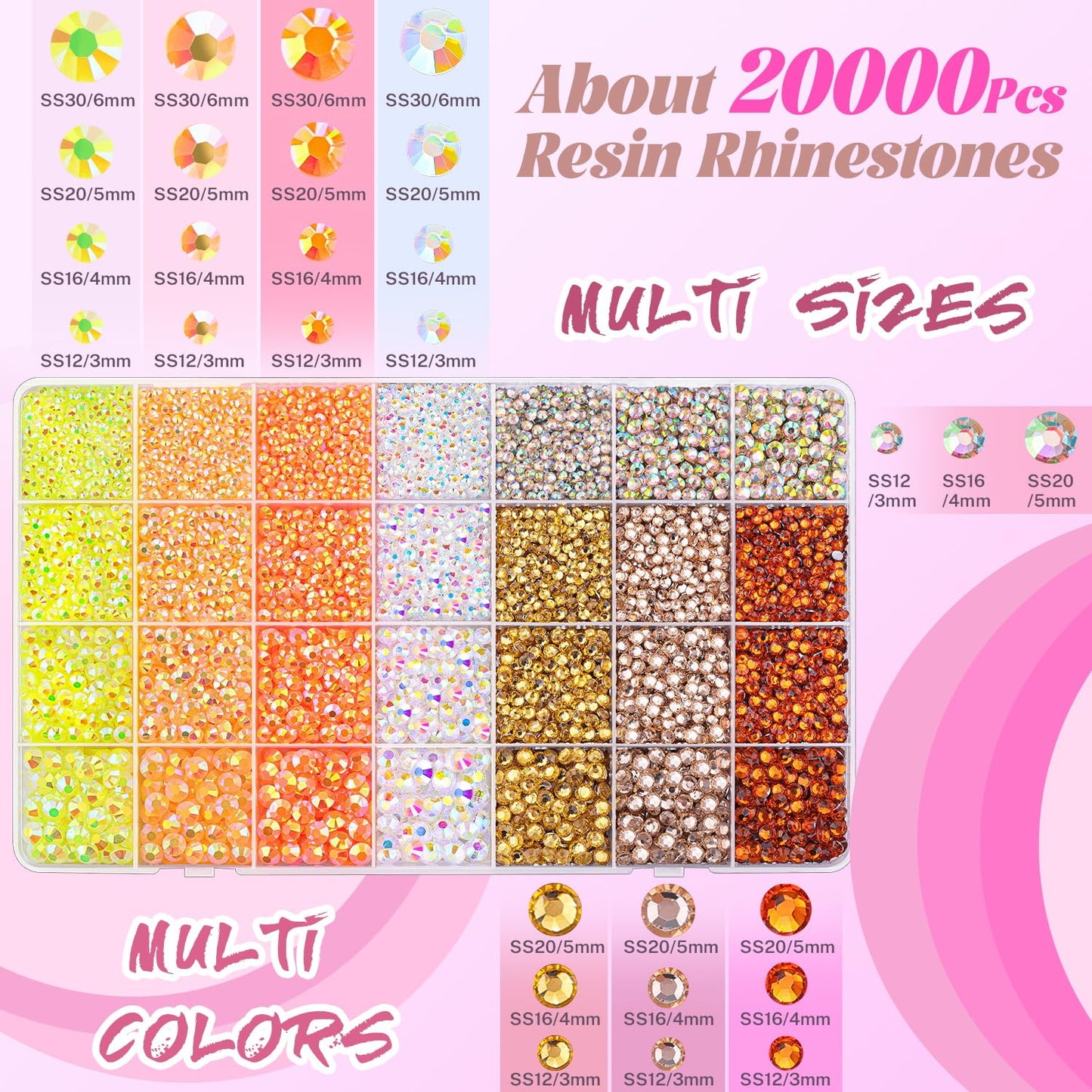 20000Pcs Yellow Rhinestones for Bedazzling with 1Pcs B7000 Jewelry Glue, Resin Rhinestones for Crafting Crafts DIY, Bedazzler Kit Gems for Clothing Shoes Tumblers Nail Art Assorted Size 3/4/5/6mm-Velvo Beauty