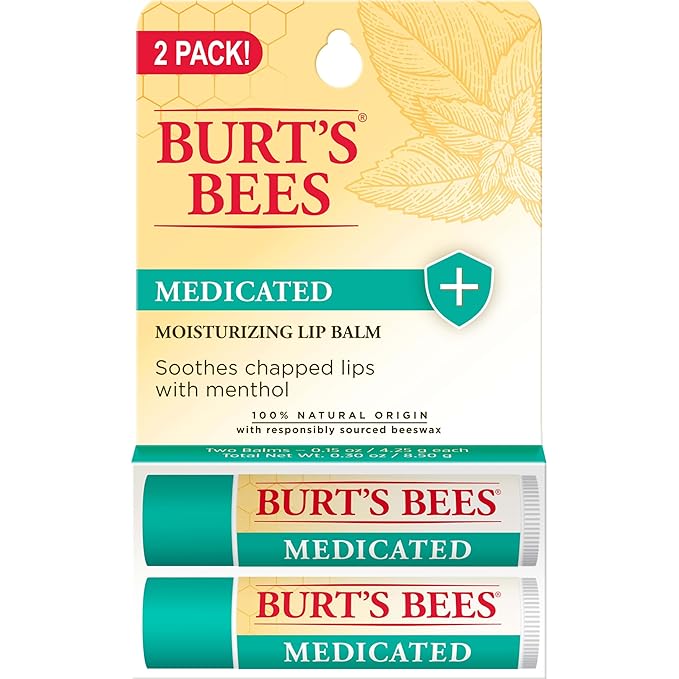 Burt's Bees Medicated Lip Balm, With Eucalyptus Oil and Menthol, Tint-Free, Natural Origin Lip Care, 2 Tubes, 0.15 oz.-Velvo Beauty