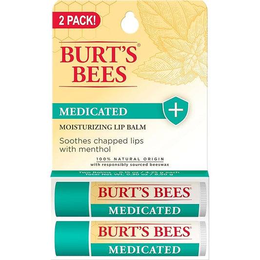 Burt's Bees Medicated Lip Balm, With Eucalyptus Oil and Menthol, Tint-Free, Natural Origin Lip Care, 2 Tubes, 0.15 oz.-Velvo Beauty
