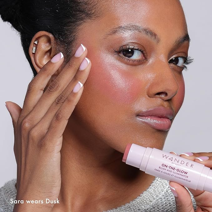 Wander Beauty On-the-Glow Blush and Illuminator - Dusk/Nude Glow - 7-in-1 Hydrating Cream Blush & Highlighting Stick - Stick Blush for Cheeks, Lip, Face & Body - Highlighter Makeup & Blush - 0.4 oz-Velvo Beauty