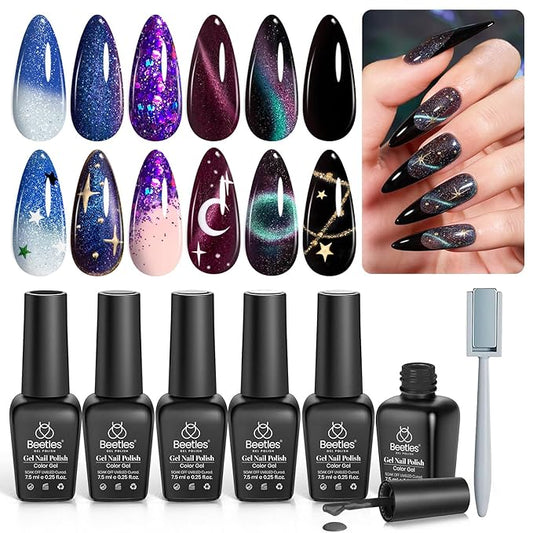 Beetles Cat Eye Gel Polish - Milky Way 6 Colors Gel Polish Set, Black Purple Blue Temperature Changing Glitter Nails, Halloween Galaxy Nails Kit with Magnet Stick Soak Off Uv Lamp Gel-Velvo Beauty
