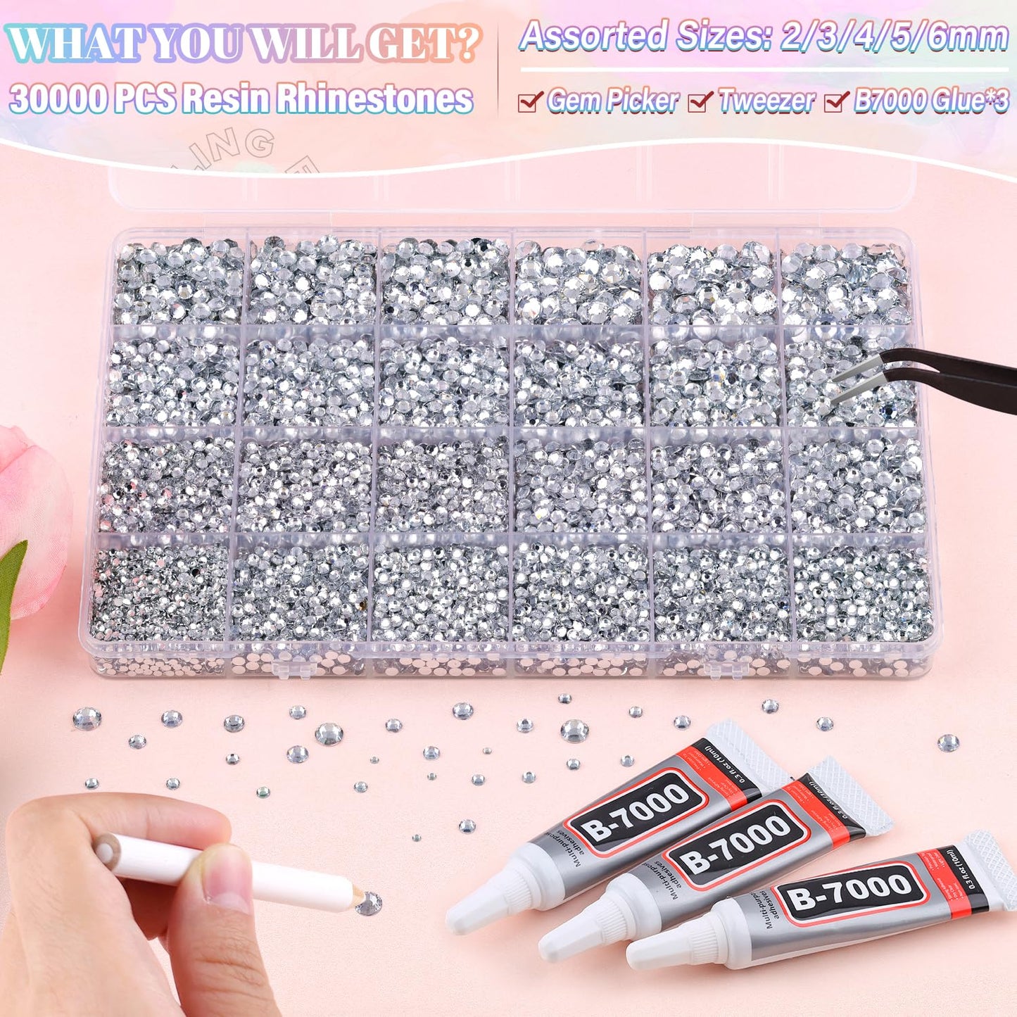 30000Pcs Resin Silver Clear Rhinestones for Bedazzling Crafting with b7000 Jewelry Glue, Bulk Flatback Gems Bedazzler Kit for Crafts Clothes Shoes Fabric Nail Diamond Art, Assorted Size 2/3/4/5/6mm-Velvo Beauty