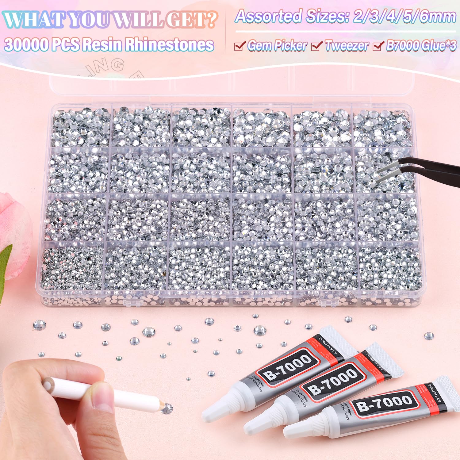 30000Pcs Resin Silver Clear Rhinestones for Bedazzling Crafting with b7000 Jewelry Glue, Bulk Flatback Gems Bedazzler Kit for Crafts Clothes Shoes Fabric Nail Diamond Art, Assorted Size 2/3/4/5/6mm-Velvo Beauty