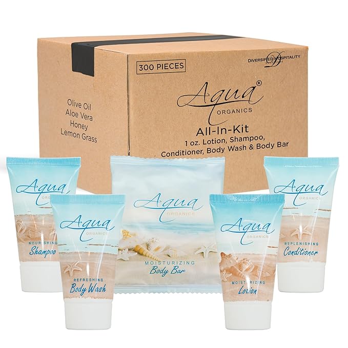 Aqua Organics Hotel Soaps and Toiletries Bulk Set | 1oz Hotel Shampoo & Conditioner, Body Wash, Body Lotion & 1oz Bar Soap Travel Size | 300 Pieces-Velvo Beauty