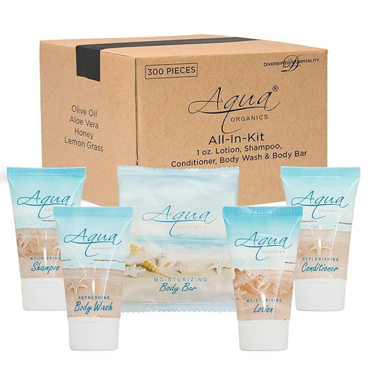 Aqua Organics Hotel Soaps and Toiletries Bulk Set | 1oz Hotel Shampoo & Conditioner, Body Wash, Body Lotion & 1oz Bar Soap Travel Size | 300 Pieces-Velvo Beauty