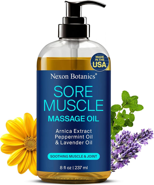 Sore Muscle Massage Oil for Massage Therapy 8 fl oz - Refreshing and Relaxing - Natural Oils with Arnica, Peppermint and Lavender Oil - for Men and Women - Nexon Botanics-Velvo Beauty