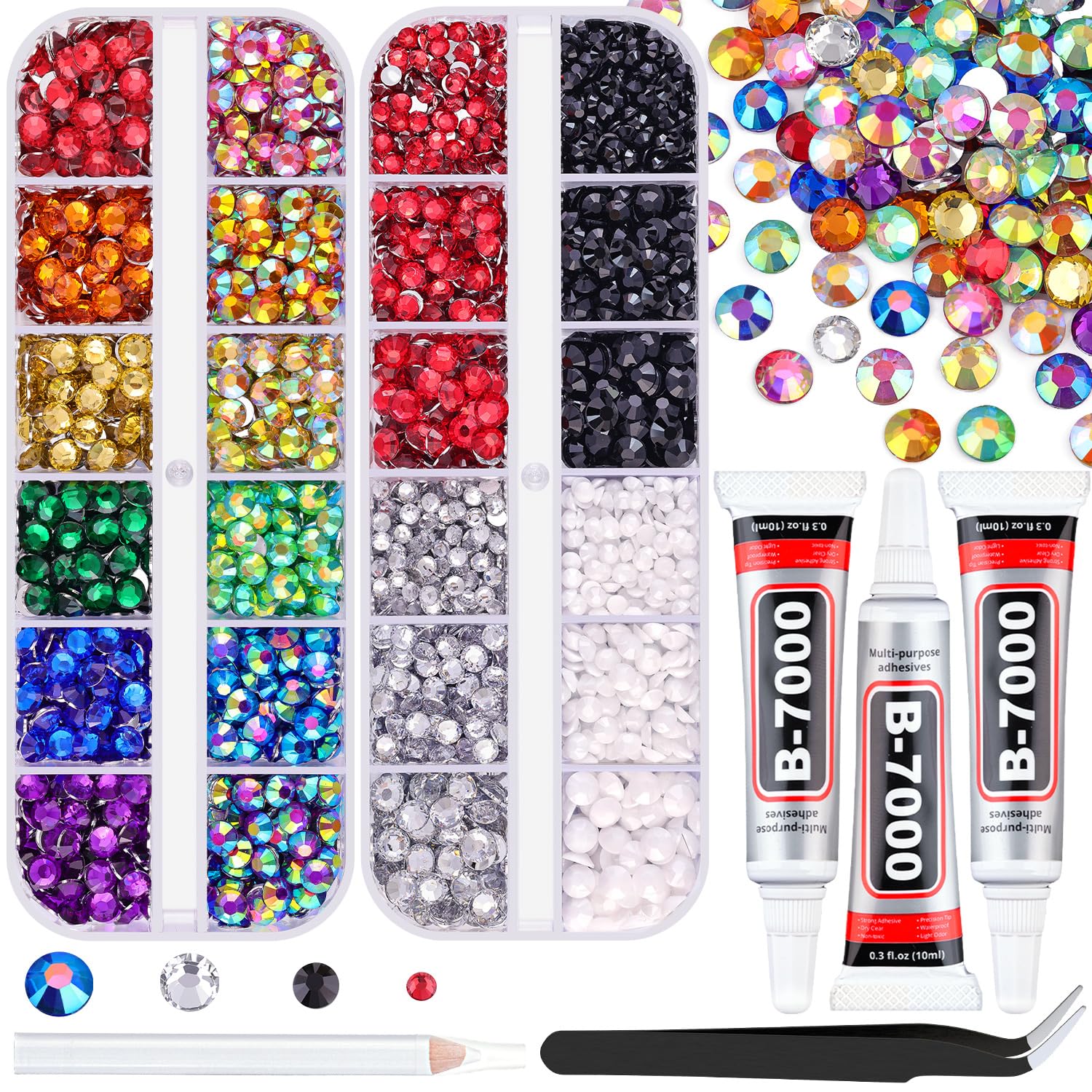 5000 PCS Flatback Rhinestones for Crafting and 3PCS B7000 Glue (Pack 2), 2 Boxes of Rainbow Resin Rhinestones Gems Charms for Bedazzling DIY Crafts Fabric Clothing Tumblers Shoes Nail Art-Velvo Beauty