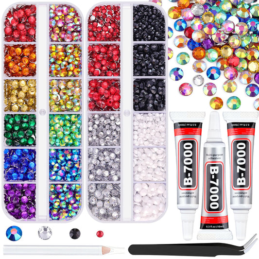 5000 PCS Flatback Rhinestones for Crafting and 3PCS B7000 Glue (Pack 2), 2 Boxes of Rainbow Resin Rhinestones Gems Charms for Bedazzling DIY Crafts Fabric Clothing Tumblers Shoes Nail Art-Velvo Beauty