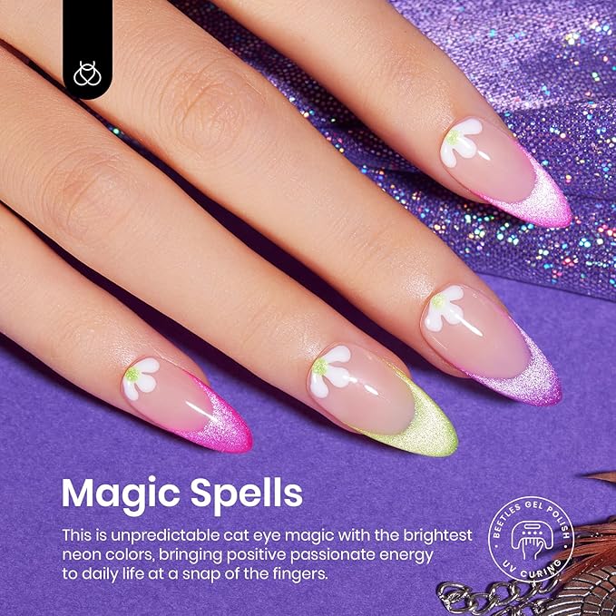 Beetles Cat Eye Gel Nail Polish Set, 6 Colors Summer Neon Holographic Glitter Gel Polish Kit Hot Pink Orange Purple Blue Green Magnetic Nail Polish Soak Off UV French Nail Art Gift for Women-Velvo Beauty