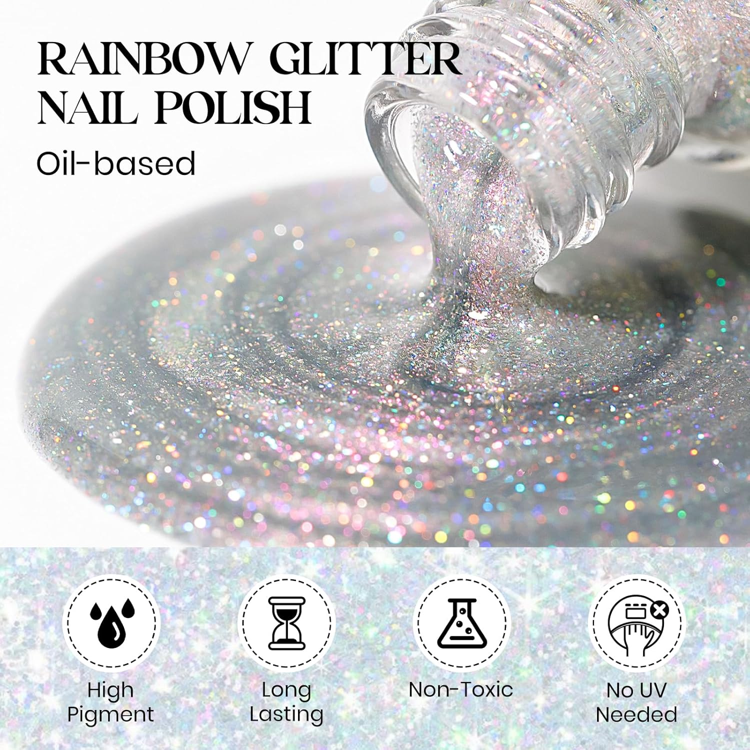 MIZHSE Rainbow Glitter Nail Polish, Quick Dry Iridescent Nail Polish, 15 ml 0.5 fl oz High Glossy Sparkle Shiny Nail Pigment Oil-based Nail Lacquer Nail Art Salon Manicure Home-Velvo Beauty