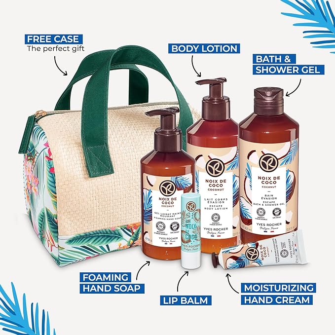Yves Rocher Bain de Nature Coconut 6-Piece Gift Set, Shower Gel, Hand Cream, Body Lotion, Lip Balm, Hand Soap & Vanity Bag, 6 Items-Velvo Beauty