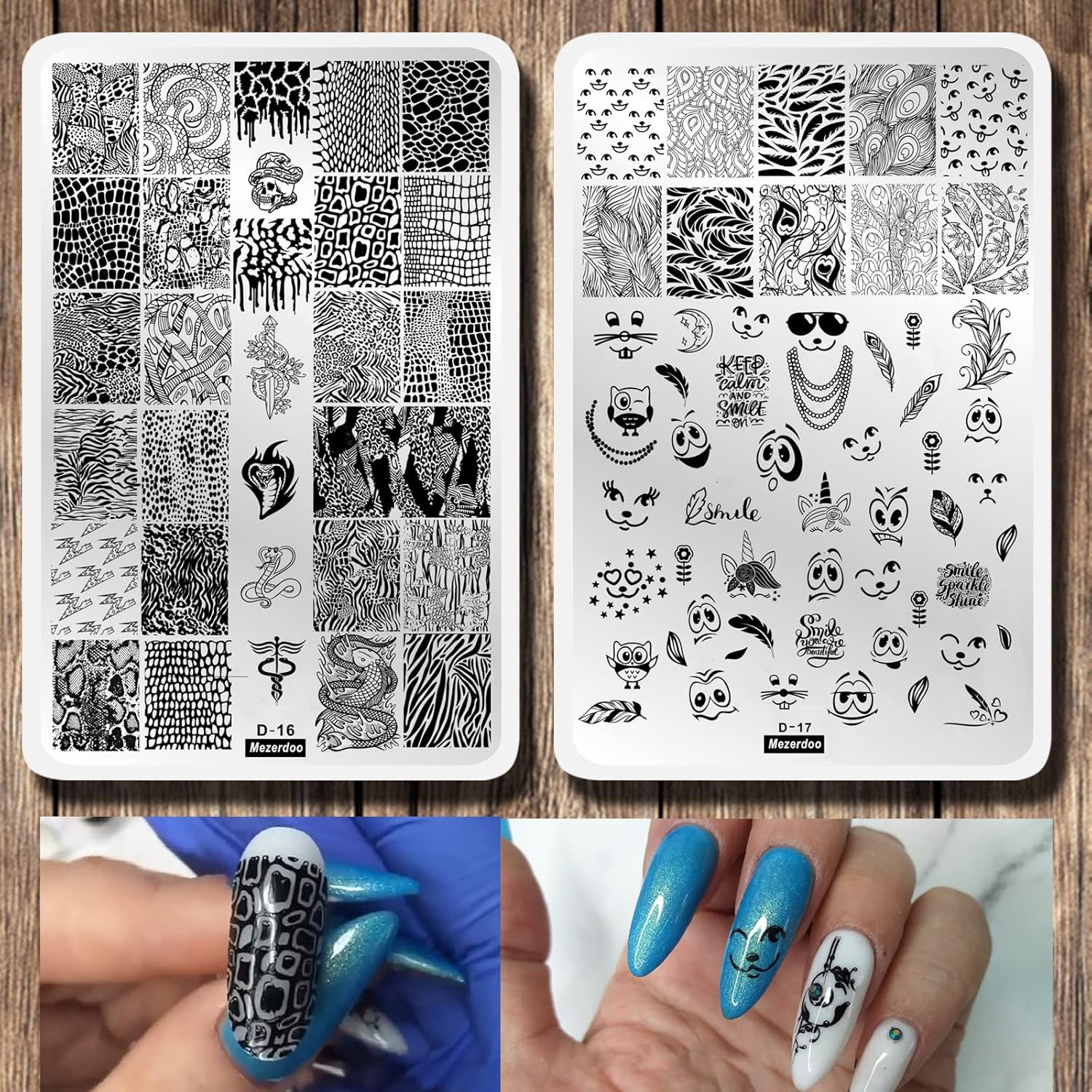 2Pcs Snakeskin Pattern Nail Stamping Template Cute Facial Expression Feather Nail Design Stamping Plate Skull Leopard Nail Art Image Plate 14.5×9.5cm Stainless Steel Nail Stencil Tools-Velvo Beauty