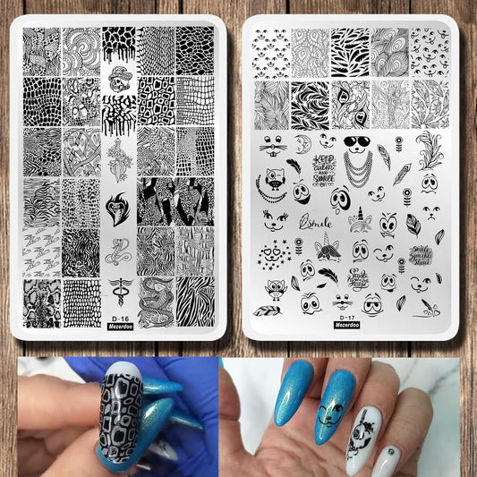 2Pcs Snakeskin Pattern Nail Stamping Template Cute Facial Expression Feather Nail Design Stamping Plate Skull Leopard Nail Art Image Plate 14.5×9.5cm Stainless Steel Nail Stencil Tools-Velvo Beauty