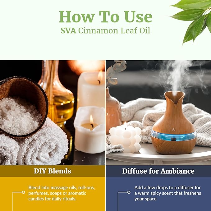SVA Cinnamon Leaf Essential Oil – 4 Fl Oz – 100% Natural Cinnamon Oil - for Diffuser, Hair Care, Face, Skin Care, Aromatherapy, Scalp and Body Massage, Soap and Candle Making – with Dropper-Velvo Beauty
