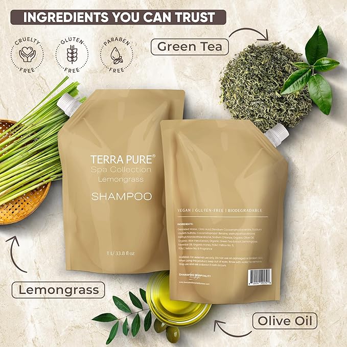 Terra Pure Spa Collection 1 Liter Shampoo Refill Bag For Soap Dispensers | Bulk Toiletries for Vacation Rentals, and Home Bathroom Showers | Green Tea Lemongrass | Single-Velvo Beauty