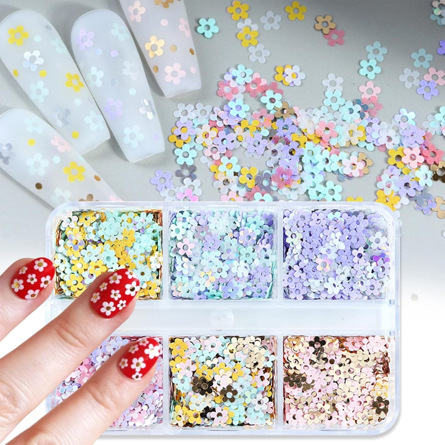 6 Grids Hollow Plum Flower Sequins for Nail，Mixed Colorful Floral Nail Flakes 3D Confetti Flowers Nail Glitter Shiny Flower Nail Flakes Acrylic Nails Supplies for Women Girls Manicure Decorations-Velvo Beauty