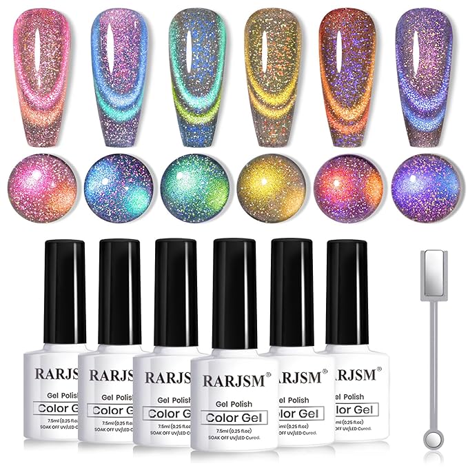 RARJSM 9D Chameleon Glass Cat Eye Gel Nail Polish Set 6Pcs Pink Purple Blue Green Yellow Multi Color Cateye Galaxy Shimmer Gradient Effect with Magnetic Stick UV LED Curing Require Home Salon-Velvo Beauty