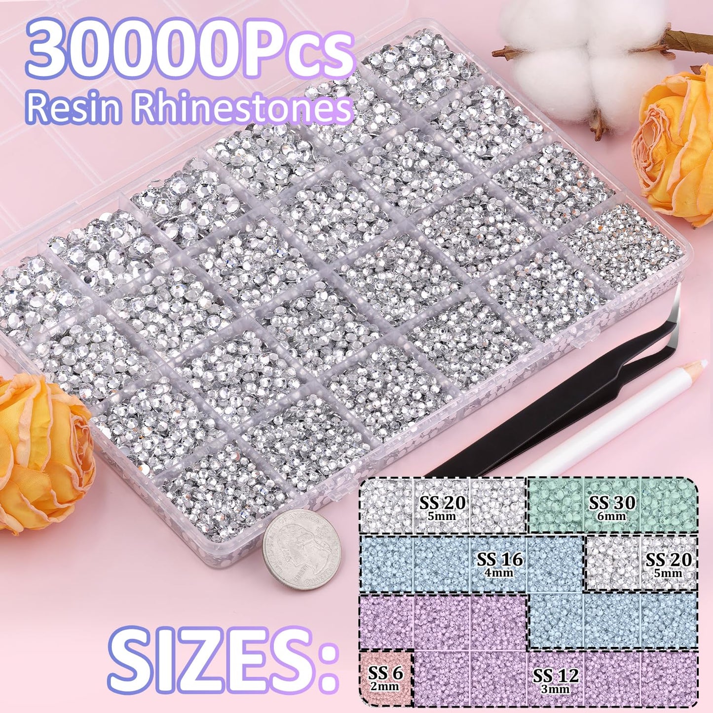 30000Pcs Clear Rhinestones for Bedazzling with B7000 Jewelry Glue, Bedazzler Kit Flatback Gems, Resin Rhinestones for Crafting Crafts Clothing Shoes Fabric Nail Art Assorted Size 2/3/4/5/6mm-Velvo Beauty