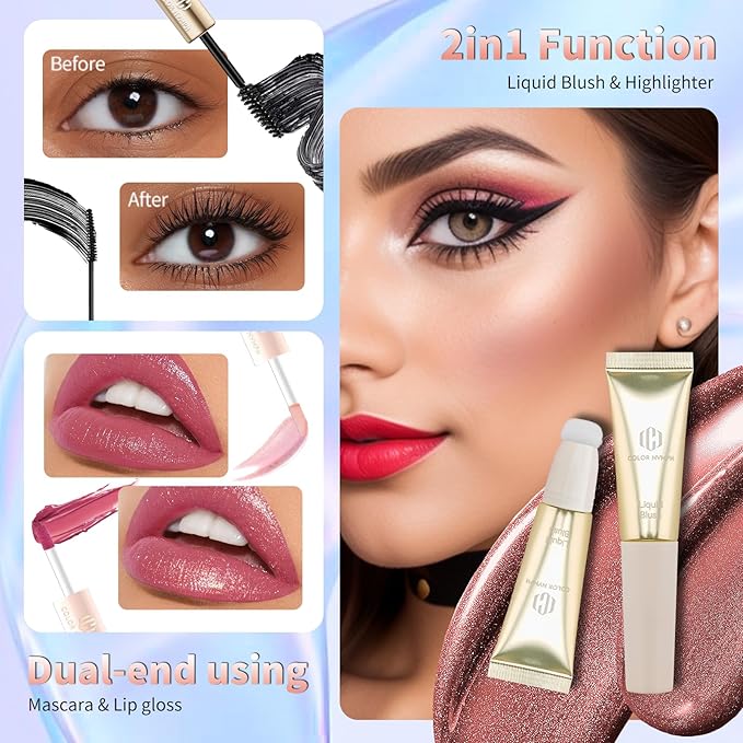 Color Nymph Teen Girls Makeup Kits, Makeup Set For Girls With Sequin Bag All In One Makeup Kit For Women Packed Individually 9 Colors Eyeshadow Palette Liquid Blush Lip gloss Mascara -Pink Blue-Velvo Beauty